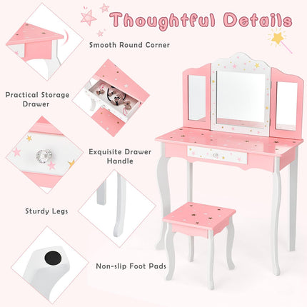 Costzon Kids Vanity & Jewelry Armoire Cabinet, Kids Makeup Vanity Table and Chair Set