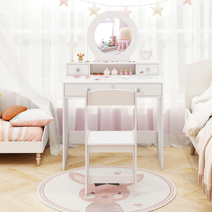 Costzon Kids Vanity, Princess Makeup Dressing Desk with Mirror and Stool, 4 Storage Drawers