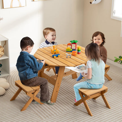 Costzon Kids Picnic Table, Fir Wood Octagon Kids Table and Chair Set with Removable Umbrella