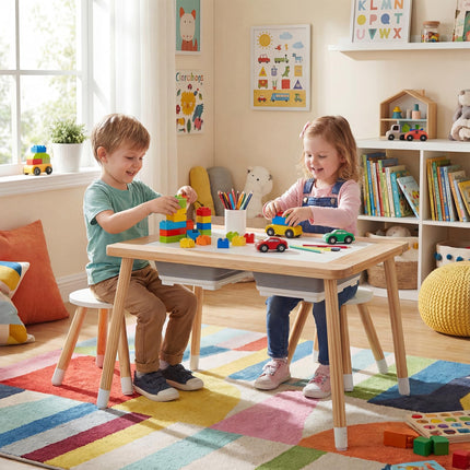 Costzon All-in-One Wooden Kids Activity Table Set w/Double-Sided Boards & 2 Foldable Storage Bins