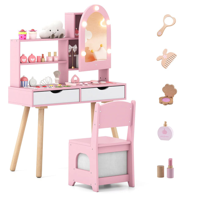 Costzon Kids Vanity with Lights Wooden Kids Vanity Table and Chair Set