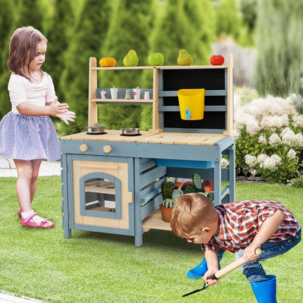 Costzon 2 in 1 Mud Kitchen, Fir Wood Outdoor Play Kitchen & Grocery Store w/Removable Sink