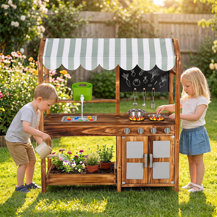 Costzon Wooden Kids Mud Kitchen with Canopy 2-Sided Chalkboard