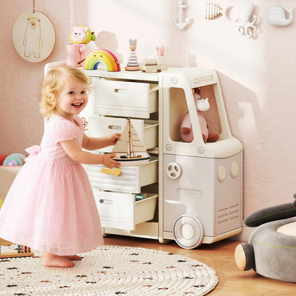 Costzon Kids Toy Storage Organizer w/ 4 Pull-Out Drawers Enclosed Cabinets & Drawing Board