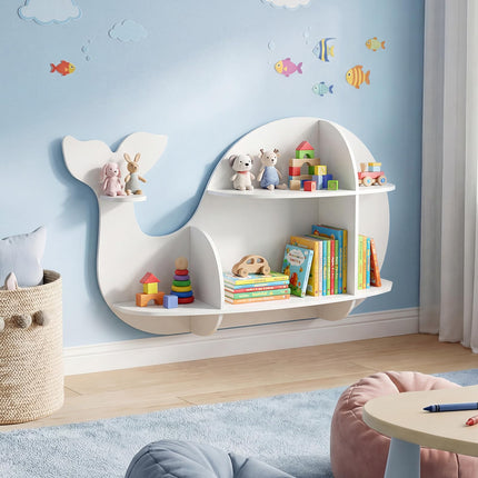 Costzon Wooden Whale-Shaped Wall Shelf | Floating Bookshelf with 6 Open Shelves
