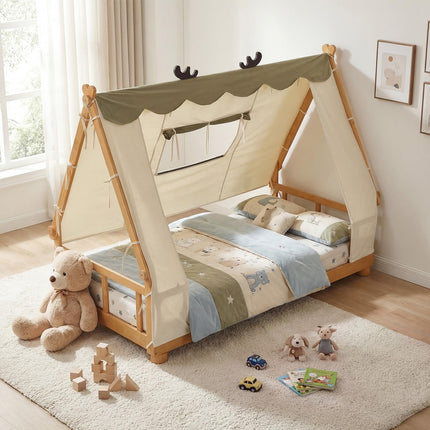 Costzon Twin Bed Frames for Kids Wooden House Antlers-Shaped Floor Bed w/Tent