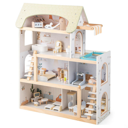 Costzon Wooden Dollhouse Kids DIY Pretend Playhouse
