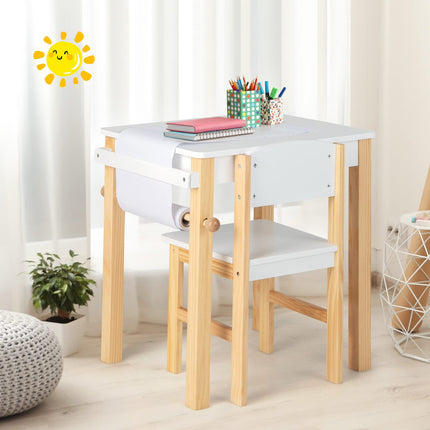 Costzon Kids Table and Chair Set, Kids Art Table with Paper Roll, Wooden Activity Table, Toddler Table and Chair Set