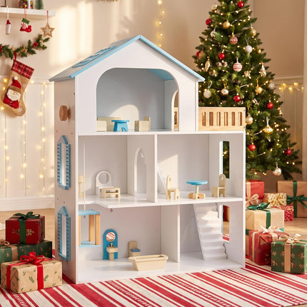 Costzon Wooden Dollhouse with 5 Rooms and Furniture Accessories