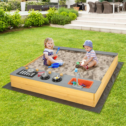 Costzon Kids Sandbox, Wooden Sand Pit w/Kitchen Playset Accessories, Water Faucet