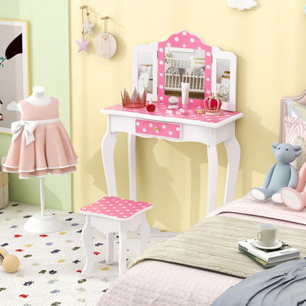 Costzon Kids Vanity, Girls Vanity Set with Mirror and Stool