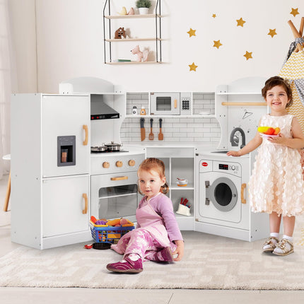 Costzon Kids Corner Kitchen Playset, Wooden Play Kitchen, Little Chef Pretend Cooking Toy Set