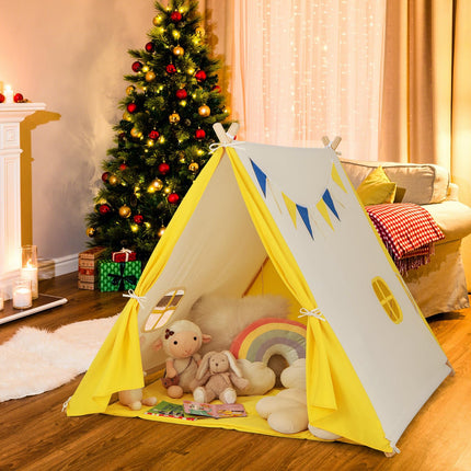 Costzon Teepee Tent for Kids, Pine Wood Frame Triangular Playhouse w/Cute Windows