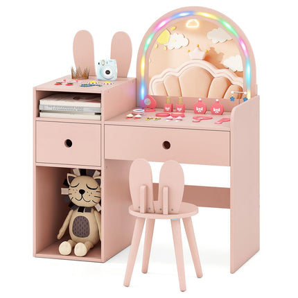 Costzon Girls Vanity Set with Mirror and Stool and Lights