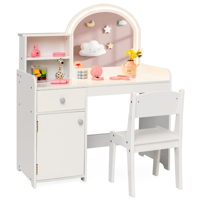 Girls Vanity Set with Mirror and Stool and Lights, Makeup Vanity Desk - Costzon