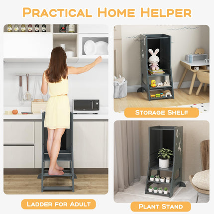Costzon Toddler Tower, Wooden Kids Kitchen Stool Helper with Height Adjustable Platform, Safety Rail