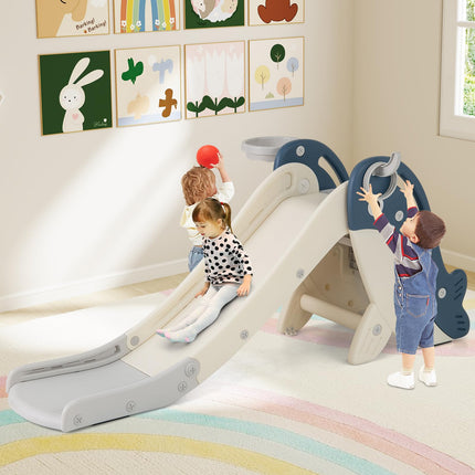 Costzon Foldable Toddler Slide, Freestanding Baby Climber Playset Kids Slide with Basketball Hoop, Ring Toss, Ball, Inflator & Rings