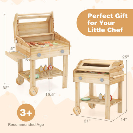 Costzon Kids Grill Playset with Wheels, Wooden Kids BBQ Grill Playset with Play Food（With Wheels）