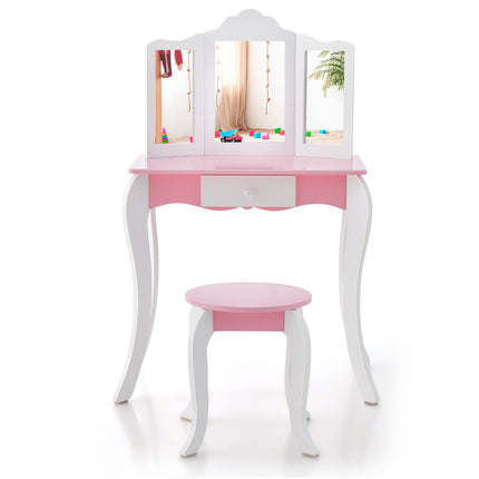 Costzon Kids Vanity Table and Chair Set, Girls Vanity Set with Mirror and Stool, Storage Drawer