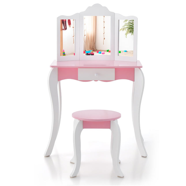 Costzon Kids Vanity Table and Chair Set, Girls Vanity Set with Mirror and Stool, Storage Drawer