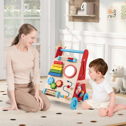 BABY JOY Wooden Baby Walker Sit to Stand Baby Push Walker with Wheels & Storage Space