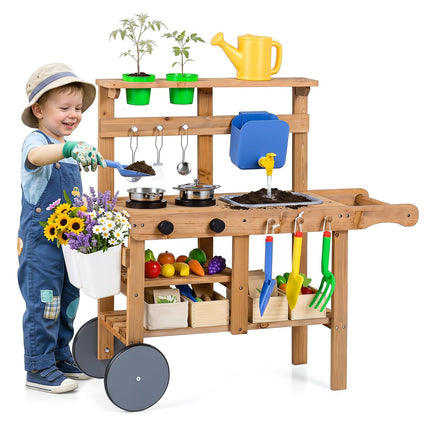 Costzon Mud Kitchen for Kids | Pretend Role Play Toy w/Wheels