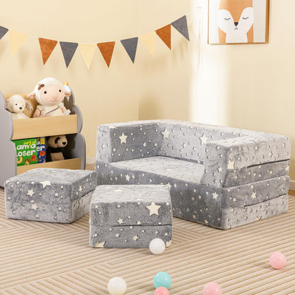 Costzon Kids Couch Set Convertible, 2 Seat Toddler Chair Glow in The Dark, Fold Out Children Sofa Couch