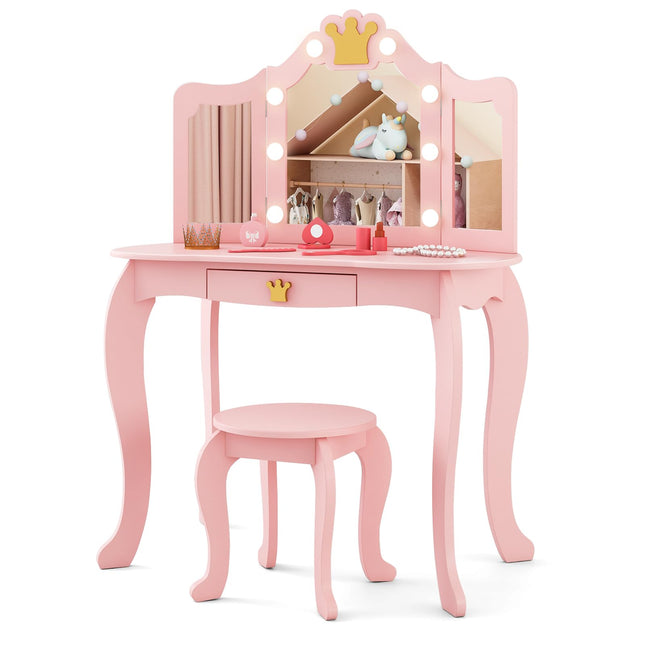 Costzon Kids Vanity with Lights, Girls Vanity Set with Mirror and Stool, Drawer, 2 in 1 Princess Makeup Desk Dressing Table