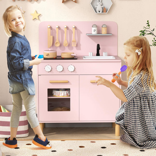 Costzon Kids Kitchen Playset, Wooden Pretend Play Kitchen with Lights and Sounds