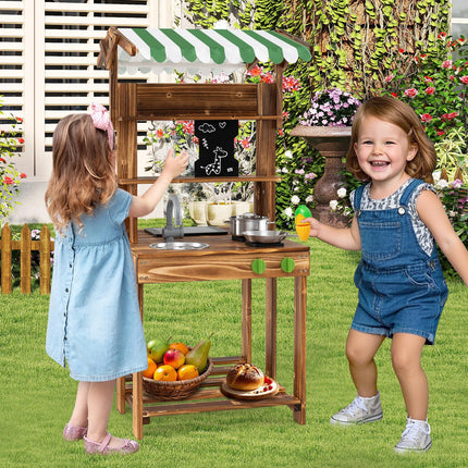 Double Sided Outdoor Play Kitchen and Barbecue Grill Playset with Canopy