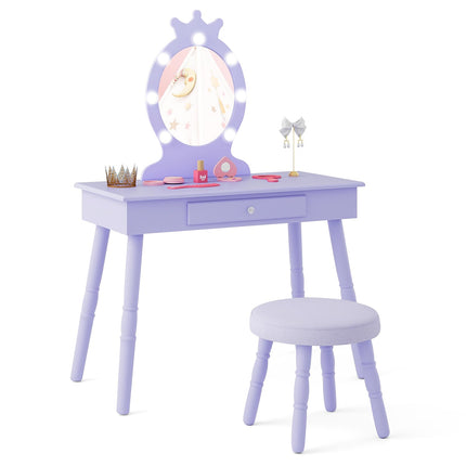 Costzon Kids Vanity, Girls Vanity Set with Mirror and Stool and Lights, Drawer, Pretend Play Kids Vanity Table and Chair Set