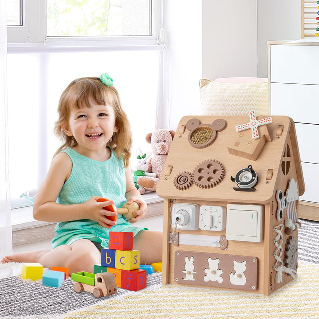 Costzon Montessori Busy House Toy, Wooden Multi-Purpose Play House, Educational Learning Toy for Boys & Girls