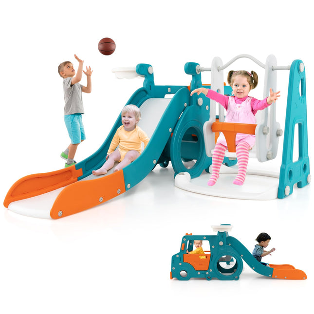 Costzon 6 in 1 Toddler Slide and Swing Set, Mini Bus Indoor Outdoor Baby Swing with Basketball Hoop