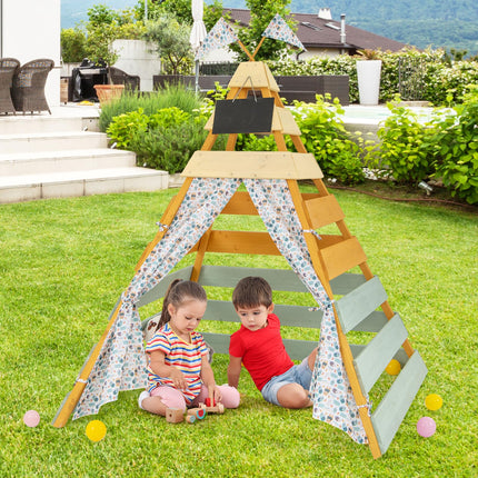 Costzon Kids Tent, Wooden Indoor Outdoor Triangle Hideaway Playhouse with Machine Washable Flags