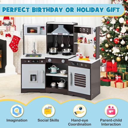 Costzon Corner Kids Kitchen Playset, Wooden Toy Kitchen Set with Range Hood