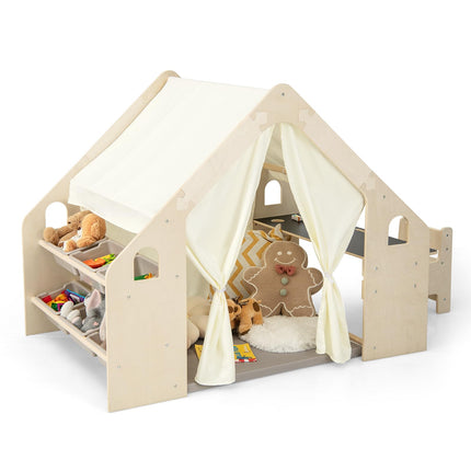 Costzon 6-in-1 Kids Tent, Large Wooden Frame Playhouse with Table and Chair Set