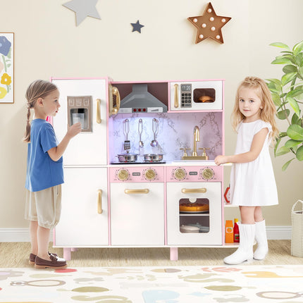 Costzon Kids Kitchen Playset, Wooden Pretend Play Kitchen with Ice Maker, Telephone, Range Hood