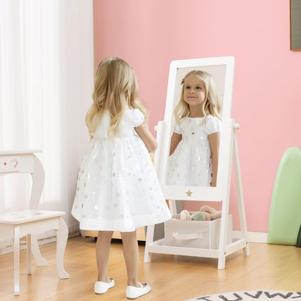Costzon Kids Full Length Mirror, Princess Floor Free Standing Mirror w/Storage Shelf & Basket (White)