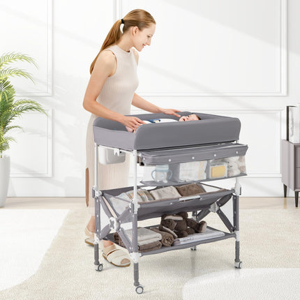 BABY JOY Portable Baby Changing Table, Foldable Waterproof Diaper Changing Station w/Wheels