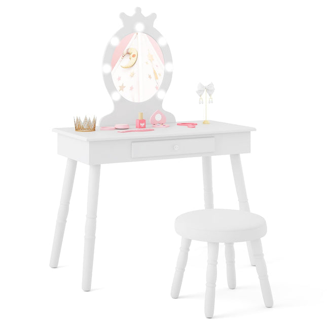Costzon Kids Vanity, Girls Vanity Set with Mirror and Stool and Lights, Drawer, Pretend Play Kids Vanity Table and Chair Set