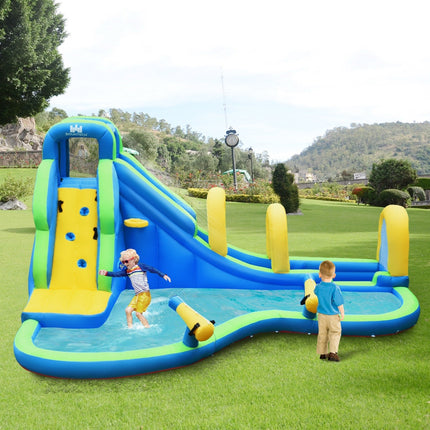 BOUNTECH Inflatable Water Slide, Long Slide Bouncer Park w/Climbing Wall, Splashing Pool - costzon