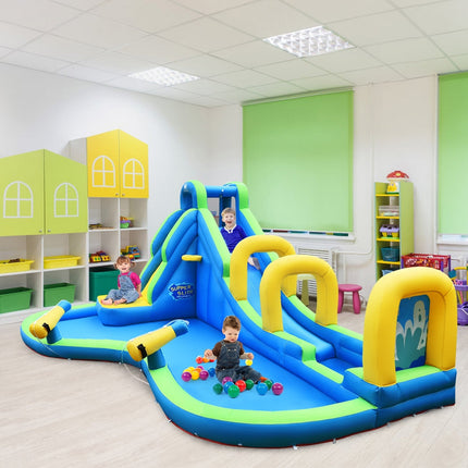 BOUNTECH Inflatable Water Slide, Long Slide Bouncer Park w/Climbing Wall, Splashing Pool - costzon