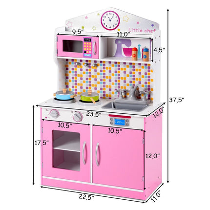 Kids Kitchen Playset, Wooden Cookware Pretend Cooking Food Set with Removable Sink - costzon